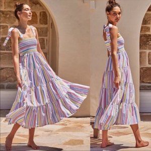 NEW Multicolored Striped Tie Strap Smocked Maxi Dress